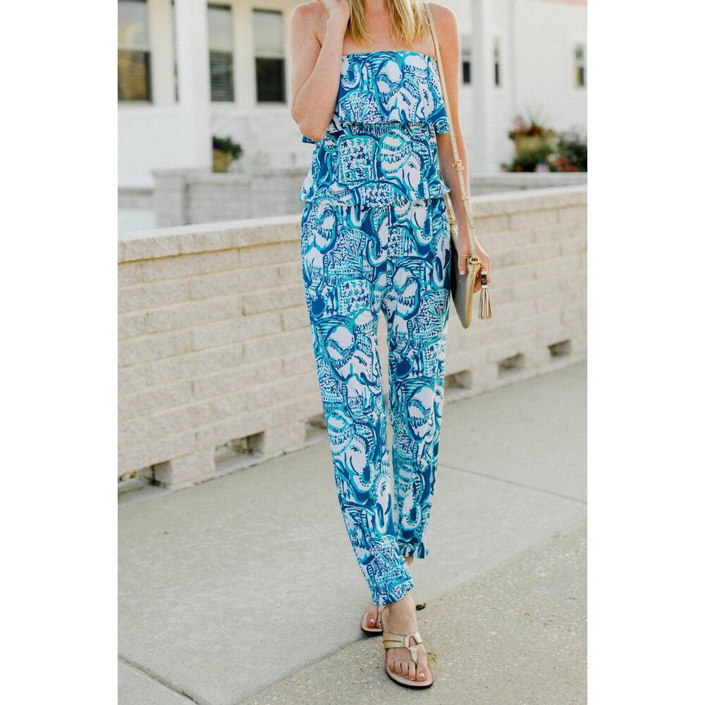 Lilly Pulitzer Ailsie Keep on Trunkin Romper Jogger Elephants Blue White Knit XS